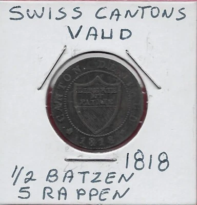 SWEDEN SWISS CANTONS,VAUD 1818 1/2 BATZEN-5 RAPPEN SHIELD WITHIN BEADED CIRCLE,L - Image 1 of 2