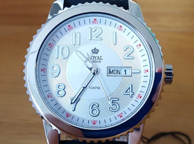 Reloj Hombre Negro Silicona Royal London 41289-02 Plateado Fácil Lectura Analógico Día Fecha Foto 1 de 4