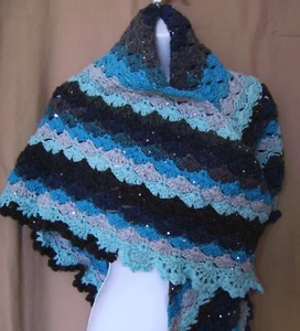 COLORFUL HANDMADE CROCHETED BLUE MULTI COLOR SHAWL WRAP SMALL PETITE - Picture 1 of 3