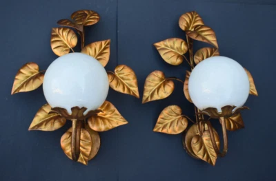 PAIR vintage hollywood regency 70s metal gold gilt white glass sconces wall - Image 1 of 4