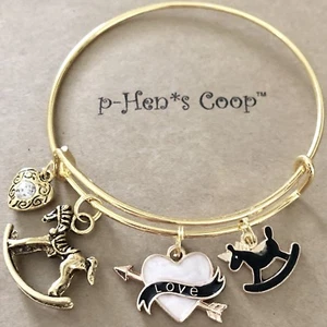 Gold Rocking Horse Enamel “Love” Heart Unicorn Charm Bracelet Handmade USA 1475 - Picture 1 of 1