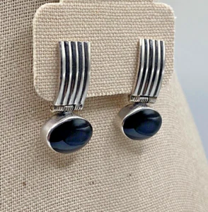 Vintage Mexico 925 Sterling Silver and Black Onyx Dangle Earrings Chunky - Picture 1 of 15