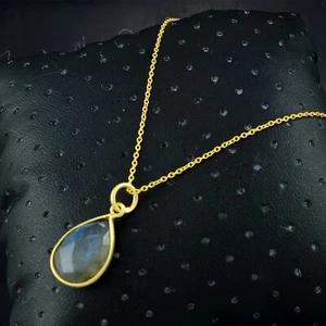 Handmade Natural Blue Flash Labradorite Pear Shape Pendant 18k Gold Plated Chain - Picture 1 of 5