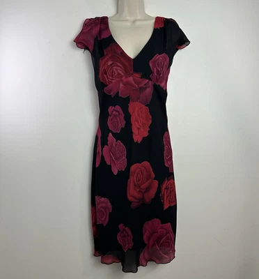 Y2K Whimsigoth Midi Dress Sz 6 Black Red Roses Fairy Grunge Babydoll Romantic - Image 1 of 4