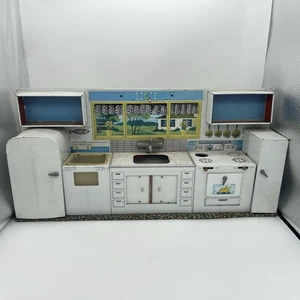 Vintage 1950er Marx hübsches Dienstmädchen Spielzeug Blech Litho Küche Herd Spüle Kühlschrank Waschmaschine - Bild 1 von 8