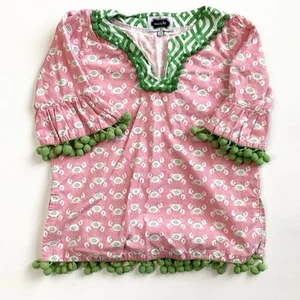 Mudpie Girls Crab Print Tunic with Pom Pom Trim - Pink/Green - 4T - Picture 1 of 6