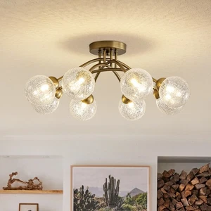 8-light Cracked Glass Globe Shade Semi-Flush Mount Gold Ceiling Light Chandelier - Picture 1 of 11