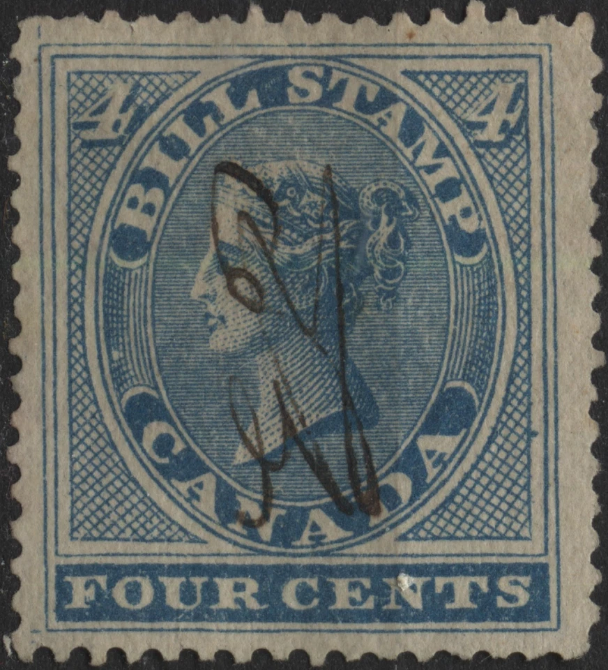 Canada 1864 VanDam #FB4 - 4c blue bill stamp, 1st issue, perf 12.5 (rf 5), used - Image 1 of 1