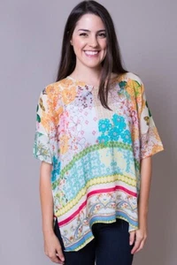 Johnny Was Abstract Multi Cupra Rayon Tunic Top Lg Free-Spirited Vibe Hibiscus - Picture 1 of 15