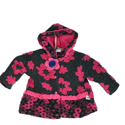 Abrigo Corky Bebé Niñas Talla 3 6 Meses Con Capucha Gris Rosa Mezcla Lana Vellón Flores Foto 1 de 4