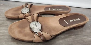 Prada Women's Sz. 37.5/7.5 Brown Tan Leather Silver Logo Slip On Sandals - Picture 1 of 9