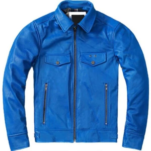 Blue Jacket Gift for Him Hand Made Real Leather Top quality Leather Jacket Men - Picture 1 of 3