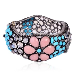 28.96ct Moonstone Opal Turquoise Diamond Oxidized Multicolor Bangle 925 Silver - Picture 1 of 3