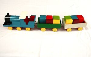Vintage Wooden Handmade Toy Train & 2 x Wagons with bricks