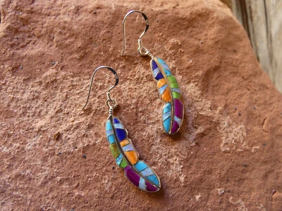 Feather Sterling Silver 925 Vibrant Multi Gemstone & Opal Inlayed Earrings T27 - Image 1 of 4