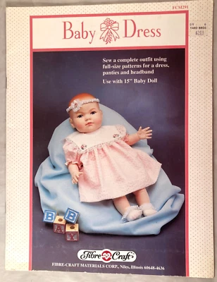 Baby Dress - Fibre Craft #FCM291 - Sewing Pattern Use with 15" Baby Doll - Image 1 of 2