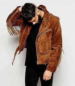 Chaqueta de Cuero de Gamuza Marrón Moto para Hombre con Flecos Vaquero Estilo Occidental Piel de Huésped - Imagen 1 de 6