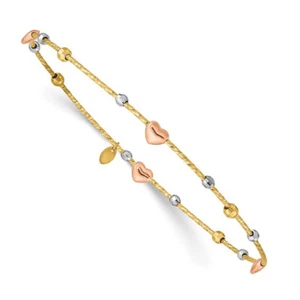 14k Tri-color Gold 1mm 8.25in Heart Diamond-cut Slip-on Bangle - Picture 1 of 2