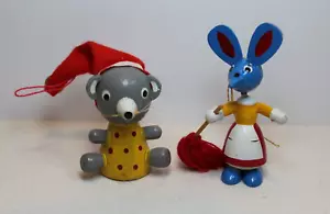 2 Vintage Mouse Christmas Ornaments Wood Hand Painted Bright Kitschy - Picture 1 of 6