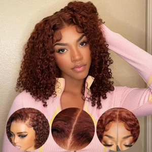 UNice Malaysian Reddish Brown Bob Curly Precut Lace Front Wear Go Wig Human Hair - Picture 1 of 9