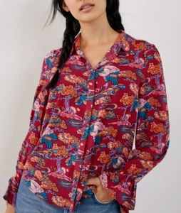 Top floral Anthropologie Maeve Darla con botones pájaro talla 6 multicolor borgoña - Imagen 1 de 10