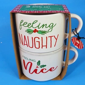 Set Of 2 Naughty Or Nice Stackable Holiday Christmas Mugs Boston Warehouse New - Imagen 1 de 9