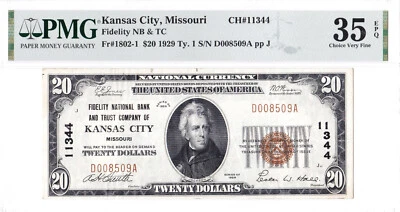 $20 1929 T1 National KANSAS CITY Missouri MO 🇺🇸 PMG 35 EPQ Choice Very Fine! - Image 1 of 2