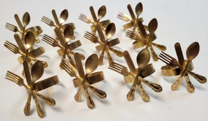 12 Napkin Rings Crossed Fork Knife Spoon Vintage Style Lot Gold/Brass Tone Metal - Picture 1 of 17