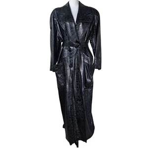 VTG Tadmor Black Leather Embossed Trench Coat XL Belted Matrix Mobwife Baddie - Picture 1 of 15