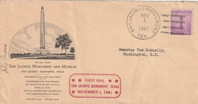 1941 Cover  San Jacinto Monument & Museum, Texas  Addressed to Sen. Tom Connally - Image 1 of 2