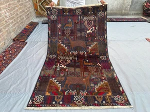 4x7 Vintage Baluchi Pictorial Animal Hunting Rug – Hand-Knotted, Tribal Rug - Picture 1 of 11