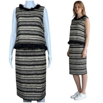 St. John Couture Feather Trimmed Sequined Striped Knit Dress Size 8 Preppy Event - Image 1 of 4