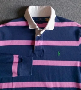 Polo Ralph Lauren Rugby Shirt Men's L Pink And Blue Striped Long Sleeve Polo - Picture 1 of 10