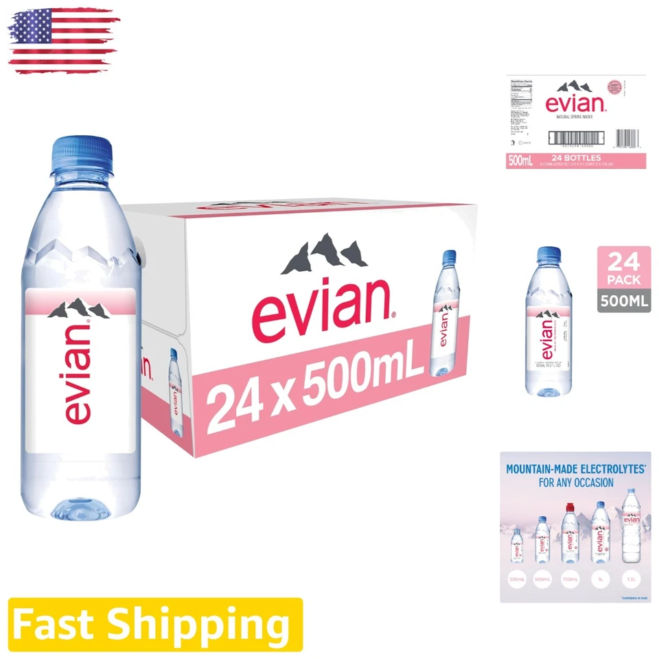 evian Natural Spring Water 16.9 oz 500mL 24 Pack PH Balanced Electrolytes