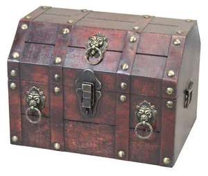 Antique Wooden Pirate Treasure Chest with Lion Rings and Lockable Latch - Picture 1 of 7