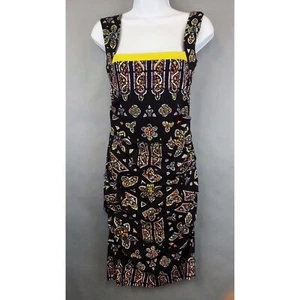 Nicole Miller Größe 6 ärmelloses Kleid schwarz gelb Print geraffte Seiten sexy - Bild 1 von 6
