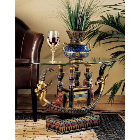 31" W ANCIENT EGYPTIAN TOMB TRAVEL TO AFTER LIFE SCULPTED GLASS TOP ACCENT TABLE Cover