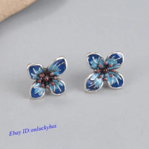 Real S925 Sterling Silver Burnt Blue Dropping Glue Women Retro Flower Earrings - Picture 1 of 4