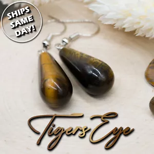 Gold Tiger's Eye Crystal Gemstone Teardrop Dangle Drop Earrings Silver Jewelry - Picture 1 of 8