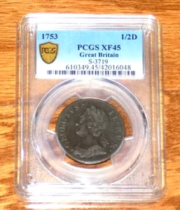 1753 GREAT BRITAIN 1/2 Penny UK PCGS XF45 XF 45 England Certified Graded Coin - Picture 1 of 4