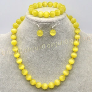 10/12/14mm Yellow Opal Cat's Eye Gems Round Beads Necklace Bracelet Earring 18'' - Picture 1 of 10