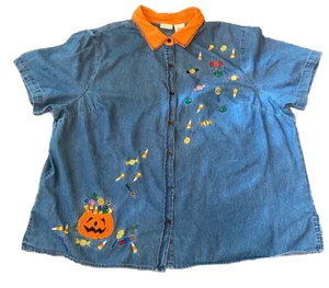 Halloween Candy Jeanshemd Bluse Laune Lehrer weiß Hirsch Vintage 26W/28W - Bild 1 von 6