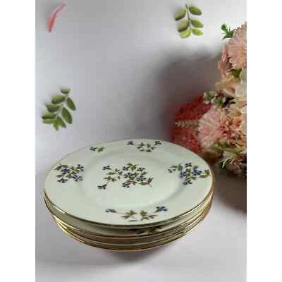 Набор из 4 лиможских цветочных десертных тарелок синий винтажный салат хлеб 1930-е французские - Изображение 1 из 4