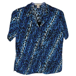 Vintage Notations Bluse Kurzarm Blau Lagenlook Knopfleiste Animal Print Medium - Bild 1 von 3