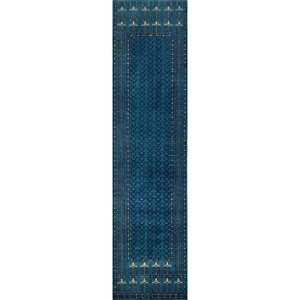 Handmade Hand Knotted Wool Blue Runner Rug 2.5x10 feet - Picture 1 of 6