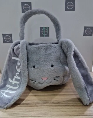 Personalised Easter Large Lined Bunny Egg hunt Basket Bag Gift Grey Soft Furry - Image 1 of 3