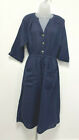 Per Una New Navy Blue Viscose Linen Blend Dress With 3 4 Sleeves And Elastic Waist