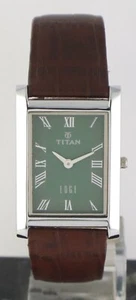 Beautiful Titan Edge Quartz Men Green Dial Wristwatch Brown Leather Band - Picture 1 of 8