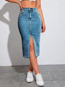 Women Fashionable Solid Color Front Slit Denim Mini Skirt (Medium) - Picture 1 of 3