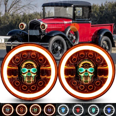 Par de faros LED calavera RGB redondos de 7 pulgadas Halo DRL para Ford Modelo A 1930 1931 Foto 1 de 4